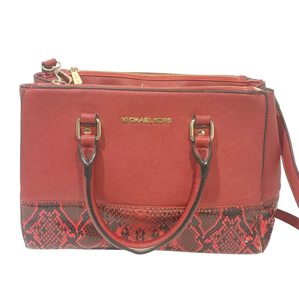 Michael Kors Sutton‎ Maroon Leather Python Detail Carryall Satchel Shoulder Bag